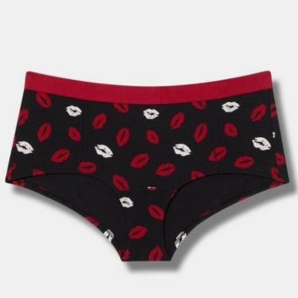 Torrid - Cotton Mid Rise Boyshort Panty, Pucker Up Rich Black, Red & White Lips - Picture 1 of 8